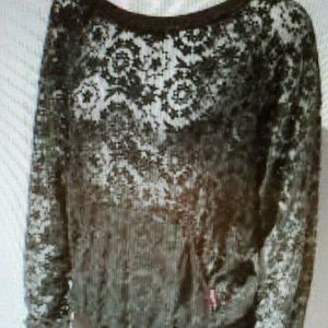 Hard Tail Sheer Lace Raglan Pullover, Army Green Top, USA, Floral $145